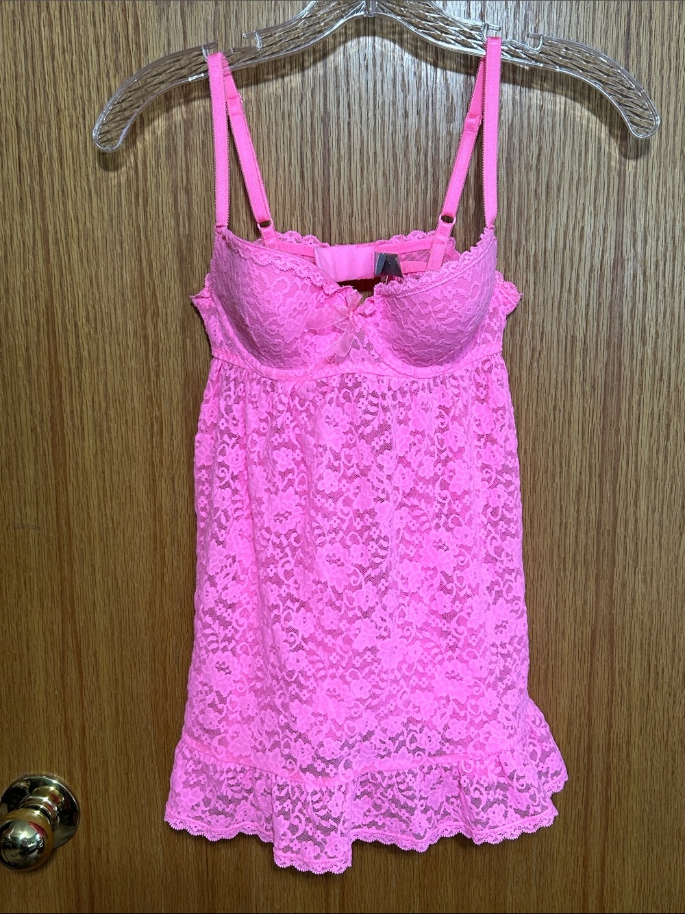 Victoria's Secret "The Lacie" 34B hot pink lace babydoll camesole lingerie fairy